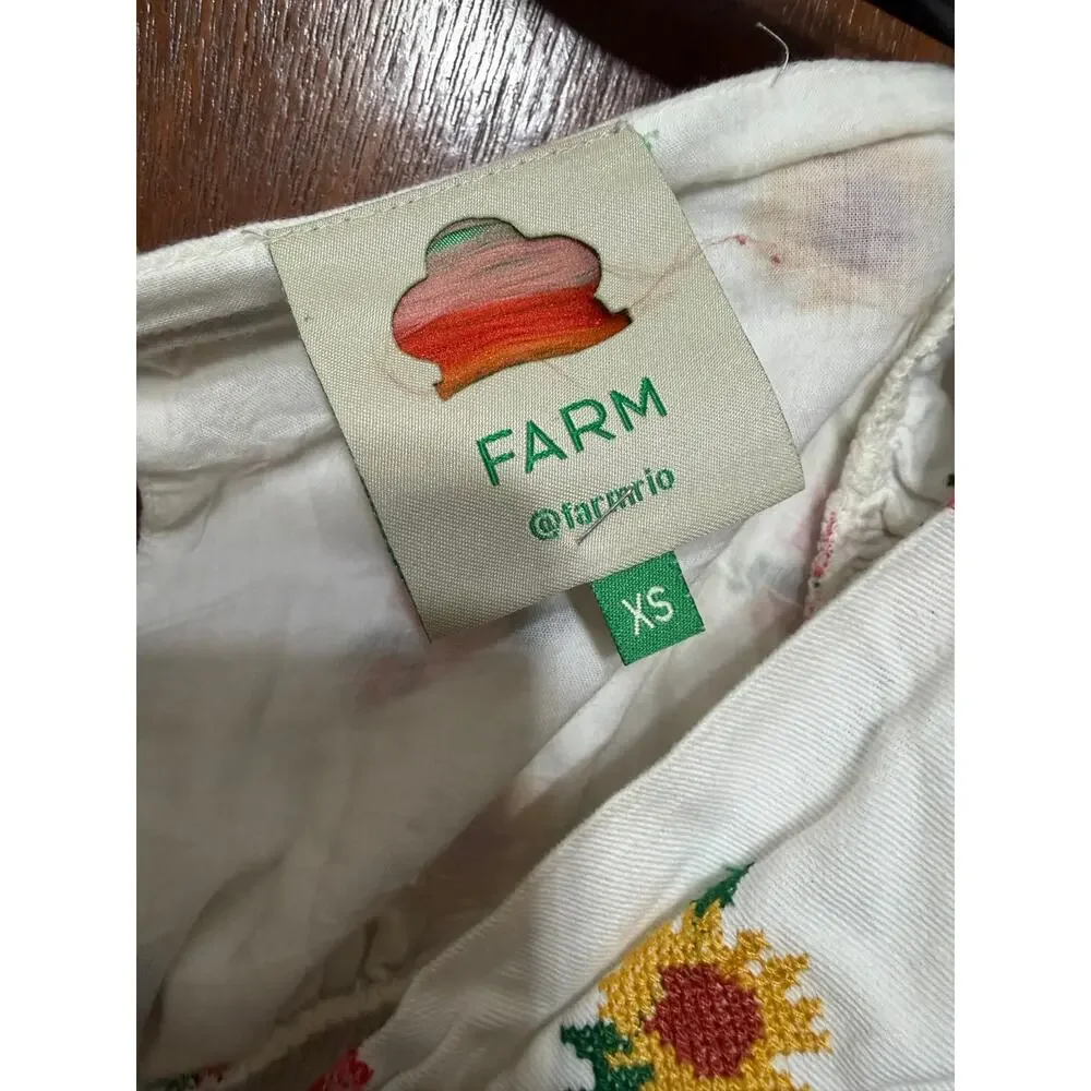 FARM Rio Floral Embroidered Cropped Blouse XS Puff Sleeve Smocked Back